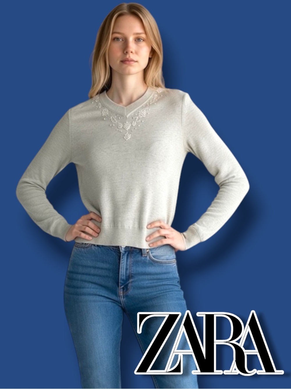 ZARA Semi-Sheer V-Neck Beaded Sweater in Light Green. Size Small